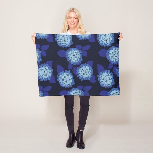 Navy Blue Hydrangea Flowers Floral Patterned Fleece Blanket (In Situ)