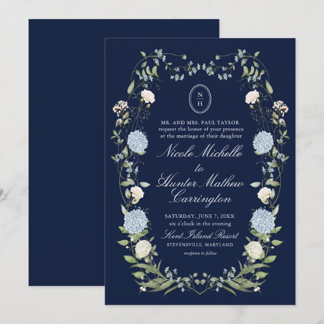 Navy Blue Hydrangea Monogram Wedding Invitation (Front/Back)