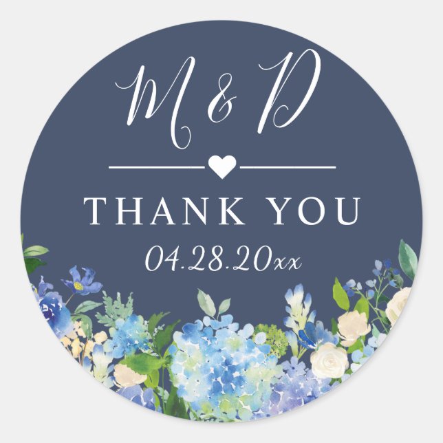 Navy Blue Hydrangeas Floral Wedding Thank You Classic Round Sticker (Front)