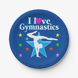 NAVY BLUE I LOVE GYMNASTICS PAPER PLATES