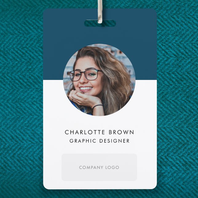 Navy Blue ID Card | Modern Photo Name Logo QR Badge (Creator Uploaded)