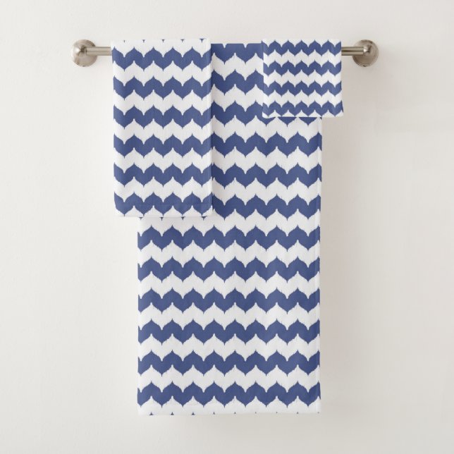 Navy Blue Ikat Chevron Pattern Bath Towel Set (Insitu)