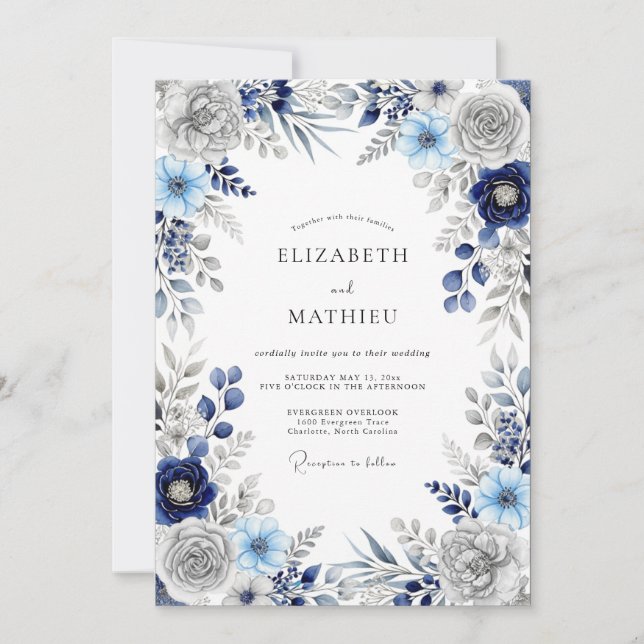 Navy Blue Imperial Winter Wedding Invitation (Front)