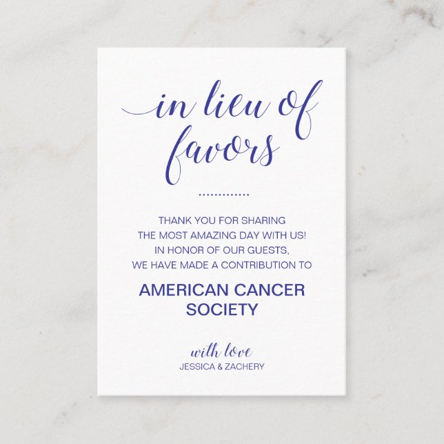 Navy Blue In Lieu Of Favours Charity Donate Weddin Place Card (Front)