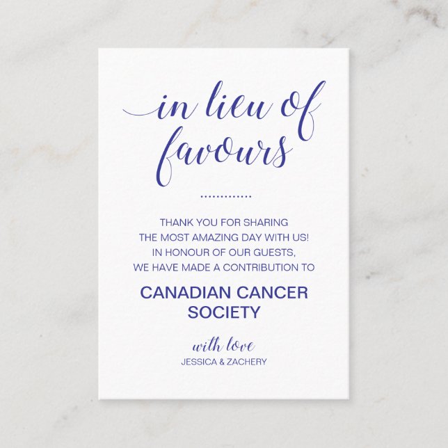 Navy Blue In Lieu Of Favours Donate Wedding Place Card (Front)