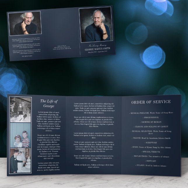 Navy Blue In Loving Memory Photo Funeral Tri-Fold Programme (Creator Uploaded)