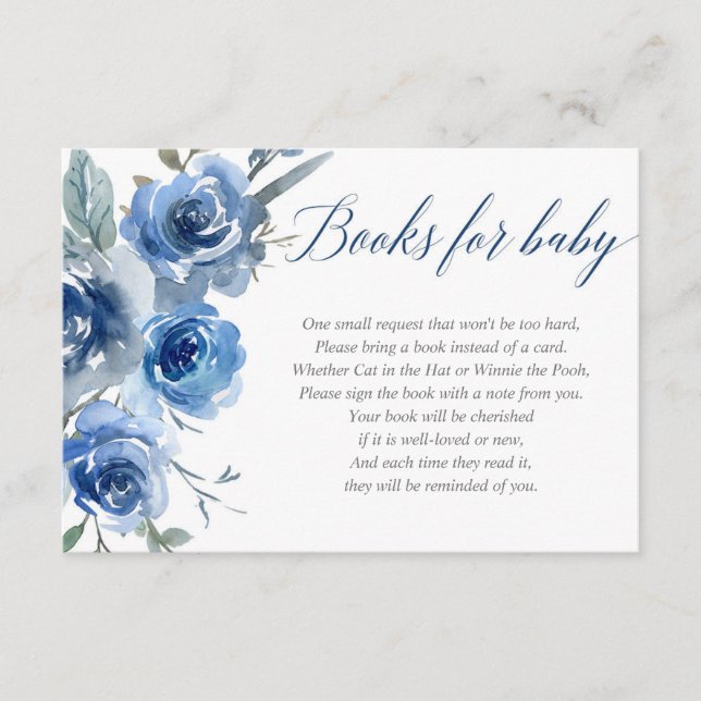 Navy blue indigo floral boy baby book request enclosure card (Front)