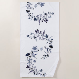 Navy blue indigo floral flower watercolor beach towel