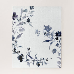 Navy blue indigo floral flower watercolor jigsaw puzzle
