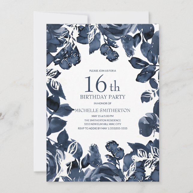 Navy Blue Indigo Leaves 16th Birthday Invitation (Front)