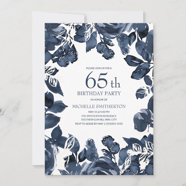Navy Blue Indigo Leaves 65th Birthday Invitation (Front)