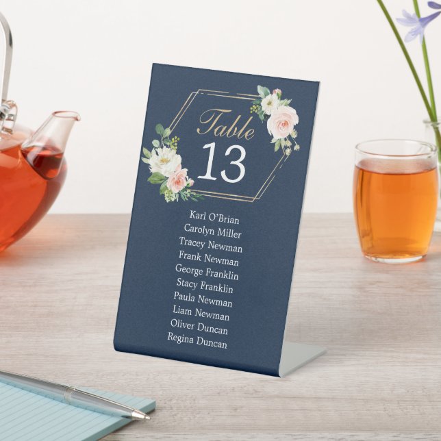 Navy Blue Individual Seating Chart Table Numbers Pedestal Sign (In SItu)