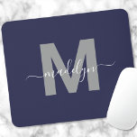 Navy Blue Initial Name Monogram Mouse Pad<br><div class="desc">Personalized Elegant Modern Navy Blue and White Script Initial Monogram Mouse Pad. Add a touch of sophistication to your workspace with this chic mouse pad. It features a sleek grey initial centred on a rich navy blue background, complemented by a clean and modern design. Combining elegance with practicality, this mouse...</div>