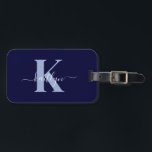Navy Blue Initial Name Monogrammed Luggage Tag<br><div class="desc">This simple, elegant navy blue luggage tag with your first name in a trendy script font in white typed over your first initial in a modern cap font in light blue on one side and a slide in card for your name, address and phone number on the other would look...</div>