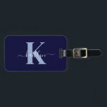 Navy Blue Initial Name Monogrammed Luggage Tag<br><div class="desc">This simple, elegant navy blue luggage tag with your first name in a trendy script font in white typed over your first initial in a modern cap font in light blue on one side and your name, address and phone number on the other would look fabulous on your suitcases. It's...</div>