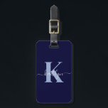 Navy Blue Initial Name Monogrammed Luggage Tag<br><div class="desc">This simple, elegant navy blue tag with your first name in a trendy script font in white typed over your first initial in a modern cap font in light blue on one side and your name, address and phone number on the other would look fabulous on your suitcases. It's stylish...</div>