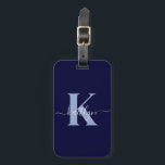Navy Blue Initial Name Monogrammed Luggage Tag<br><div class="desc">This simple, elegant navy blue luggage tag with your first name in a trendy script font in white typed over your first initial in a modern cap font in light blue on one side and a slide in card for your name, address and phone number on the other would look...</div>