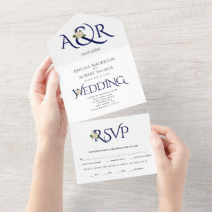 Navy blue initials and ampersand, rose wedding all in one invitation