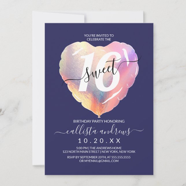 Navy Blue Iridescent Foil Heart Balloon Sweet 16 Invitation (Front)
