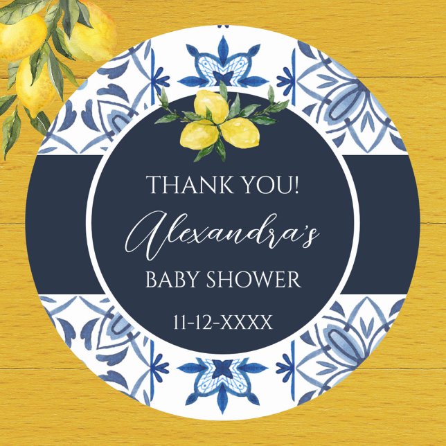 Navy Blue Italian Lemon Baby Shower Thank You Classic Round Sticker (Creator Uploaded)