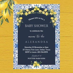 Navy Blue Italian Mediterranean Lemon Baby Shower Invitation
