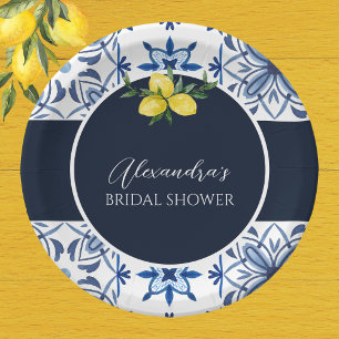 Navy Blue Italian Yellow Lemon Bridal Shower Paper Plate
