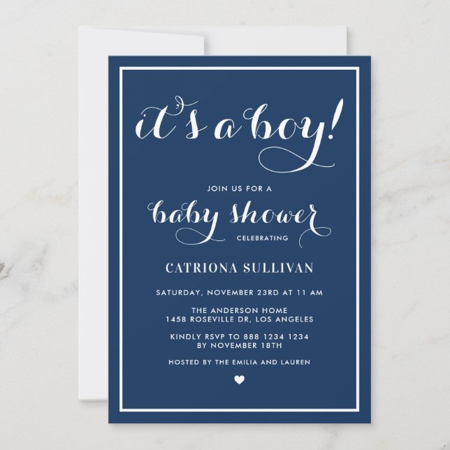Navy Blue It's a Boy Script Nautical Baby Shower Invitation (Front)
