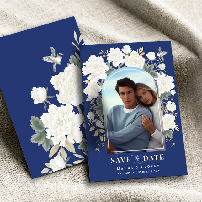 Navy Blue Ivory Chinoiserie Floral Save the Date Invitation (Creator Uploaded)