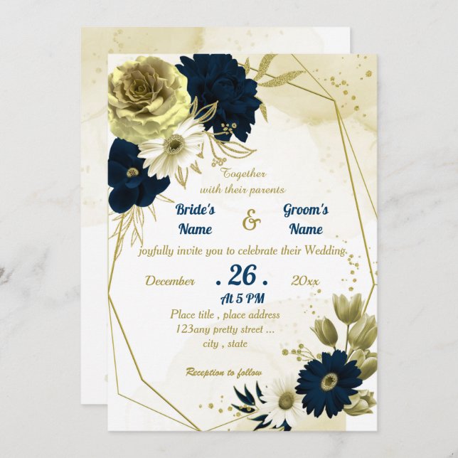 Navy blue ivory gold floral geometric wedding invitation (Front/Back)