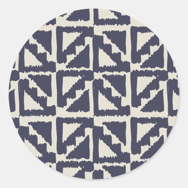 Navy Blue Ivory Tribal Print Ikat Triangle Pattern Classic Round Sticker (Front)