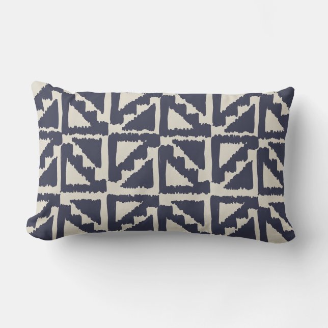 Navy Blue Ivory Tribal Print Ikat Triangle Pattern Lumbar Pillow (Front)