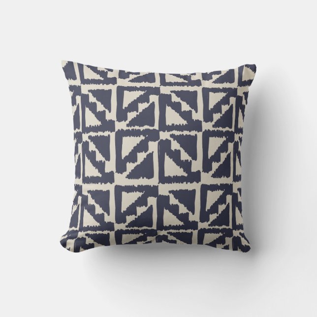 Navy Blue Ivory Tribal Print Ikat Triangle Pattern Throw Pillow (Front)