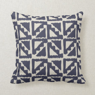 Navy Blue Ivory Tribal Print Ikat Triangle Pattern Throw Pillow