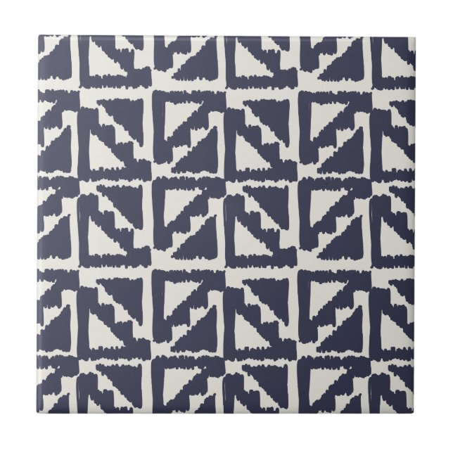 Navy Blue Ivory Tribal Print Ikat Triangle Pattern Tile (Front)