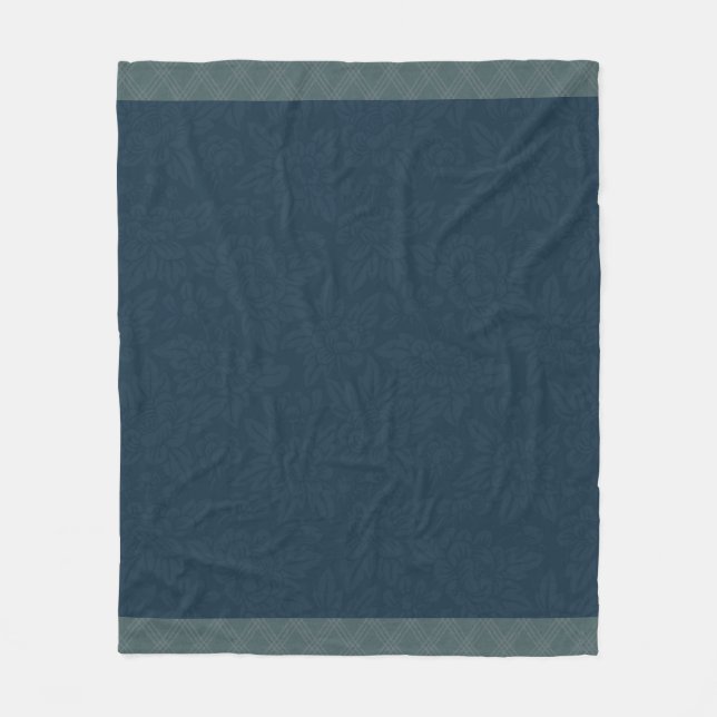 Navy Blue Jacquard Floral Teal Plaid  Fleece Blanket (Front)