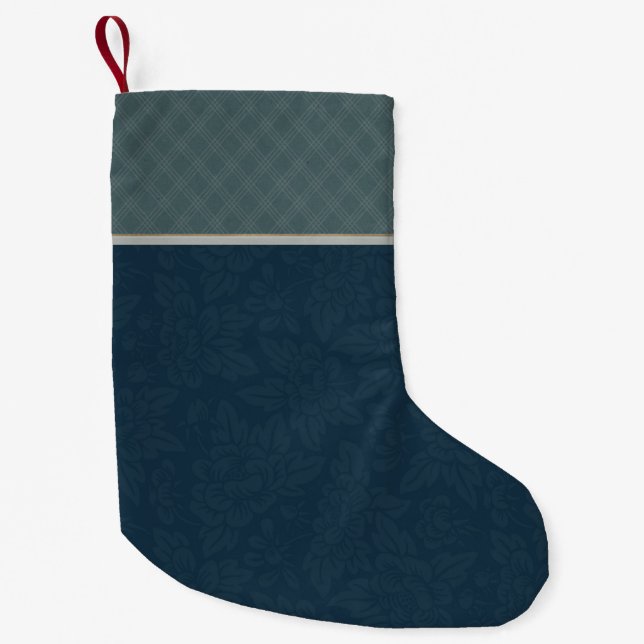 Navy Blue Jacquard Floral Teal Plaid  Small Christmas Stocking (Front)