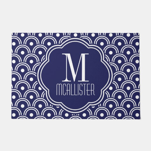Navy Blue Japanese Style Pattern Personalized Doormat (Front)