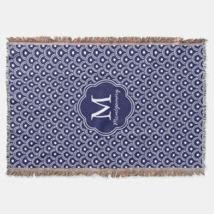 Navy Blue Japanese Waves Pattern - Personalized Throw Blanket