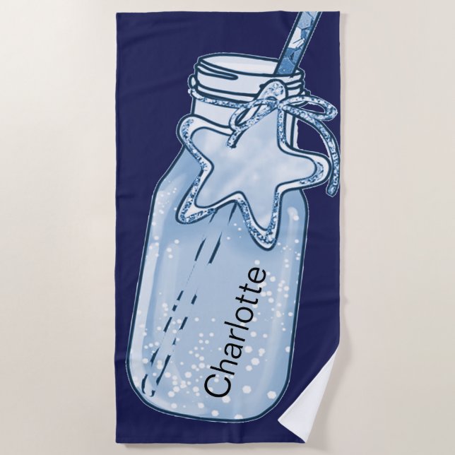 Navy blue jar bottle name fun beach towel (Front)
