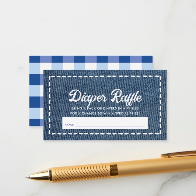 Navy Blue Jean Baby Shower Diaper Raffle Ticket Enclosure Card (Front/Back In Situ)