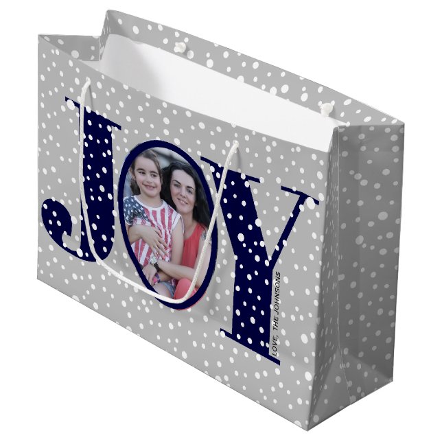 Navy blue JOY and snowflakes two photo Christmas Large Gift Bag (Front Angled)