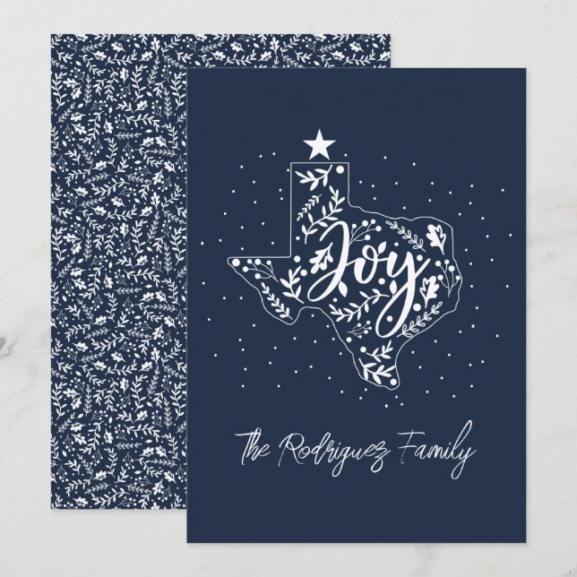 Navy Blue Joy Holiday Leaves Texas Shape Card (Front/Back)