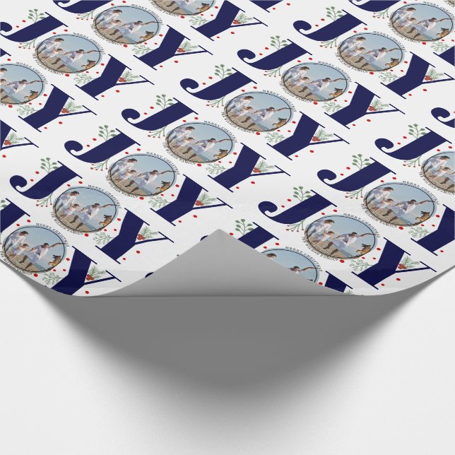 Navy blue JOY Merry Christmas holiday photo Wrapping Paper (Corner)