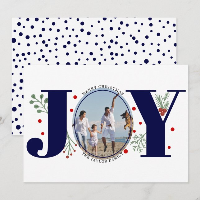 Navy blue Joy with berries Christmas photo Holiday Card (Front/Back)