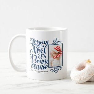 Navy Blue Joyeux Noël and Bonne Année Photo Coffee Mug