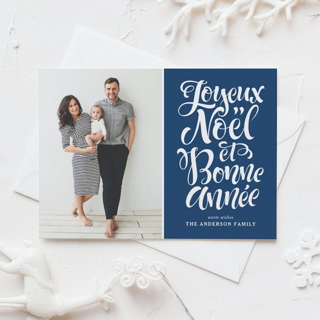 Navy Blue Joyeux Noël et Bonne Année Script Photo Holiday Card (Creator Uploaded)
