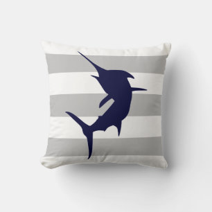 Navy Blue Jumping Marlin On Grey And White Stripes Throw Pillow