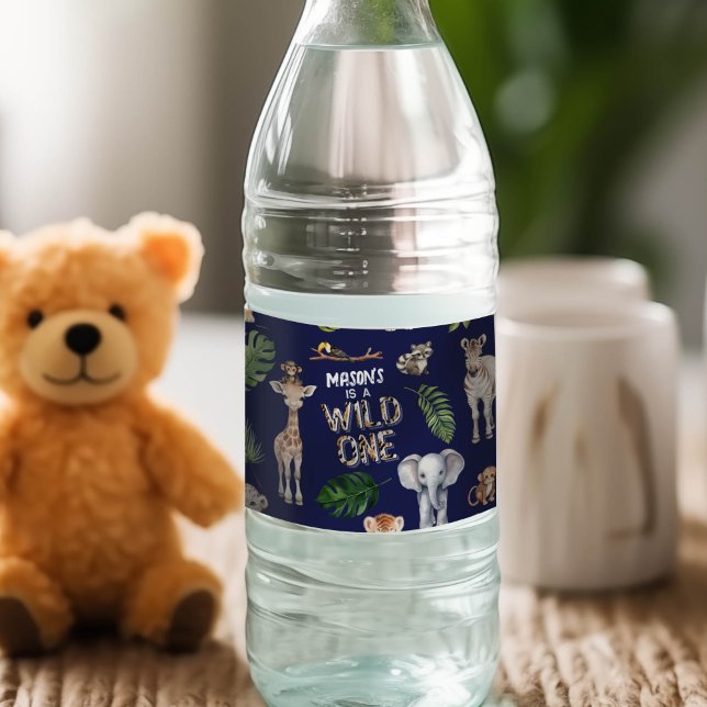 Navy Blue Jungle Safari Wild One 1st birthday Water Bottle Label (Creator Uploaded)