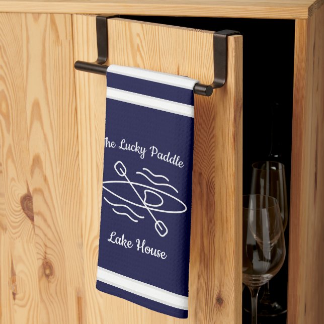 Navy Blue Kayak Monogram Name Lake house Kitchen Towel (Thirds Fold)