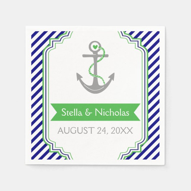 Navy blue, Kelly green anchor nautical wedding Napkin (Front)